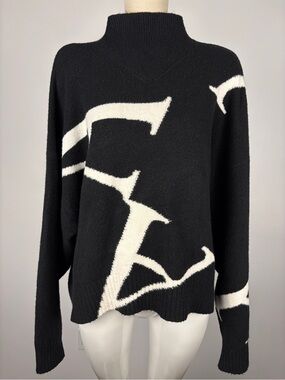 AllSaints Black A Star Wool Blend Jumper Mock Roll Neck Graphic Knit L